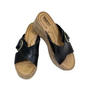 Born Devona Sandals Women's Sz 6 Black Leather Chunky Cork Wedge Platform
